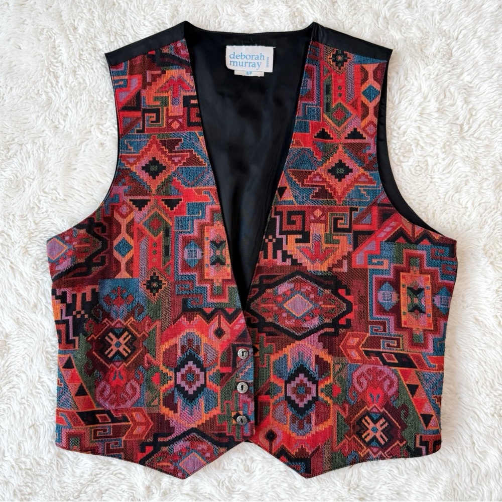 VTG Deborah Murray Women Geometric Aztec Tribal Tapestry Vest SMALL Boho Country